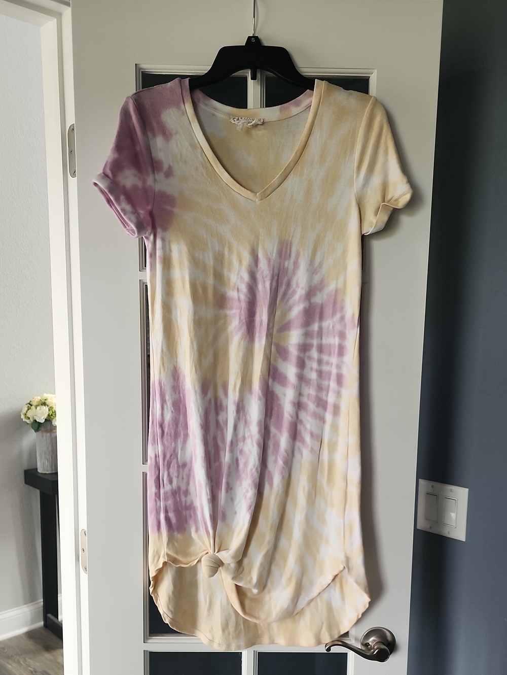 Tie-Dye V-Neck Short Sleeve Dress - Yellow & Pink